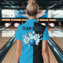 Load image into Gallery viewer, Cyan Blue and Black retro vintage Bowling polo, quarter zip shirt for Women custom Bowling team jersey NQS9534