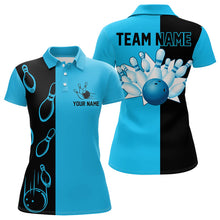 Load image into Gallery viewer, Cyan Blue and Black retro vintage Bowling polo, quarter zip shirt for Women custom Bowling team jersey NQS9534