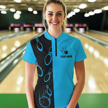 Load image into Gallery viewer, Cyan Blue and Black retro vintage Bowling polo, quarter zip shirt for Women custom Bowling team jersey NQS9534