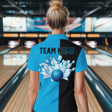 Load image into Gallery viewer, Cyan Blue and Black retro vintage Bowling polo, quarter zip shirt for Women custom Bowling team jersey NQS9534