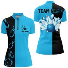 Load image into Gallery viewer, Cyan Blue and Black retro vintage Bowling polo, quarter zip shirt for Women custom Bowling team jersey NQS9534