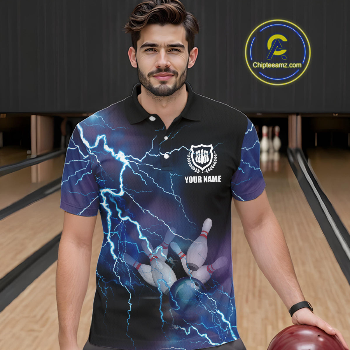Custom bowling shirt for bowling – blue team jersey back view