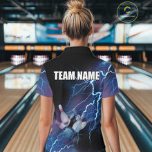 Load image into Gallery viewer, Women bowling polo shirts Custom blue lightning thunder Bowling Team Jersey, gift for team Bowlers NQS5244