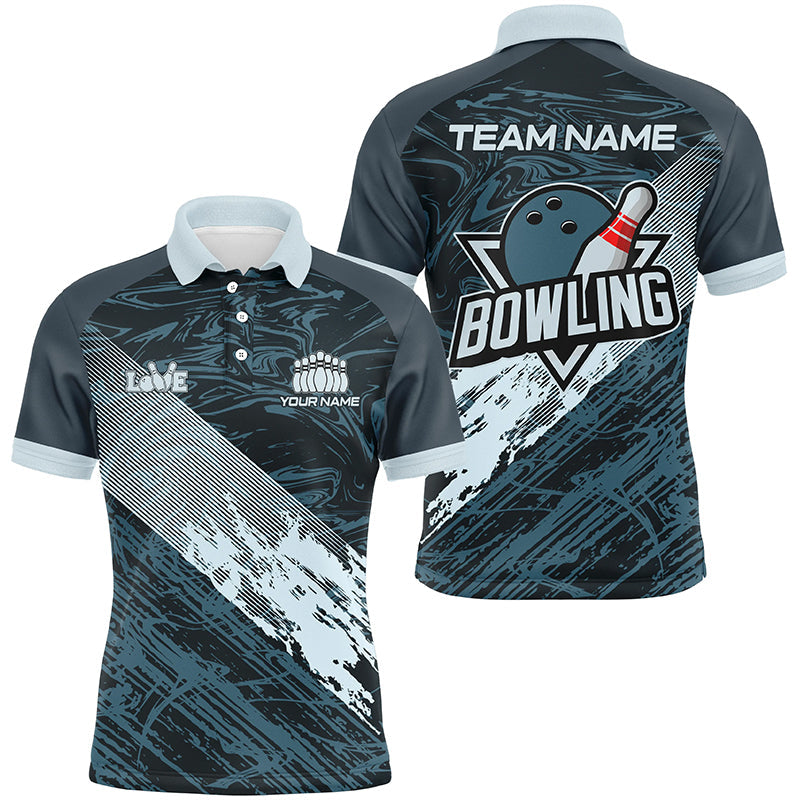 Blue camo bowling ball and pins custom Men Bowling Polo Shirts, gift for team bowlers NQS7481
