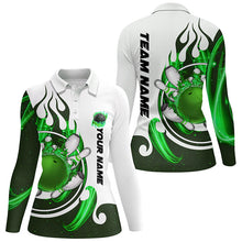 Load image into Gallery viewer, White Womens bowling shirts Custom green flame bowling ball and pins Jerseys polo, quarter zip shirts NQS7635