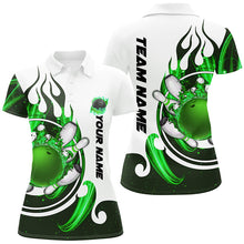 Load image into Gallery viewer, White Womens bowling shirts Custom green flame bowling ball and pins Jerseys polo, quarter zip shirts NQS7635