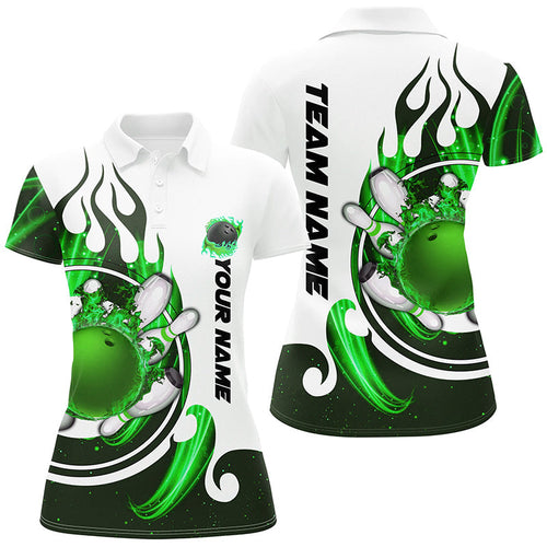 White Womens bowling shirts Custom green flame bowling ball and pins Jerseys polo, quarter zip shirts NQS7635
