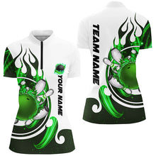Load image into Gallery viewer, White Womens bowling shirts Custom green flame bowling ball and pins Jerseys polo, quarter zip shirts NQS7635