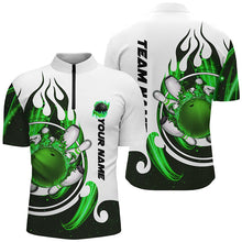 Load image into Gallery viewer, White Mens bowling shirts Custom green flame bowling ball and pins Jerseys polo, quarter zip shirts NQS7635