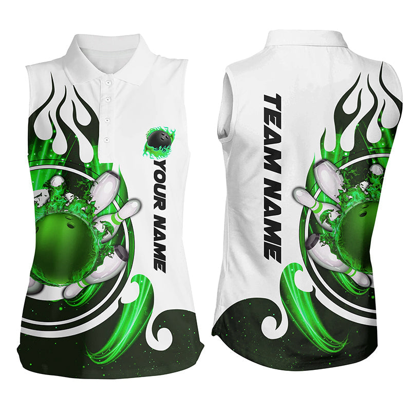 White Bowling Women sleeveless polo shirts Custom green flame bowling ball and pins Jerseys NQS7635