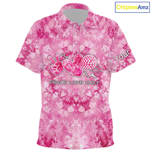 Kid golf polos shirts pink tie dye pattern custom peace love golf, personalized golf shirt for Kid NQS7836