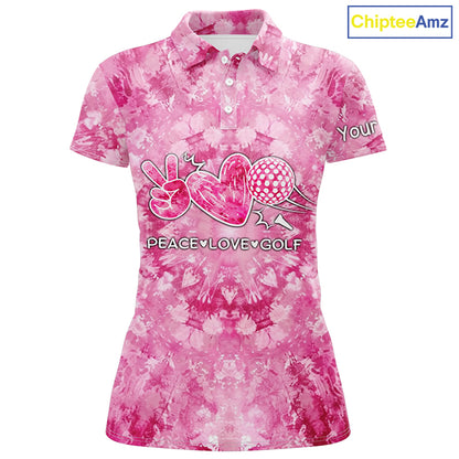 Womens golf polo shirts pink tie dye pattern custom peace love golf, personalized golf shirt for women NQS7836