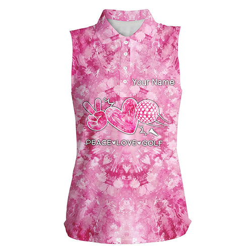 Women sleeveless polo shirt pink tie dye pattern custom peace love golf, personalized golf shirt NQS7836