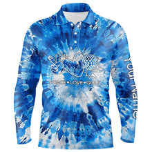 Load image into Gallery viewer, Mens golf polos shirts blue tie dye pattern custom peace love golf, personalized golf shirt for men NQS7837