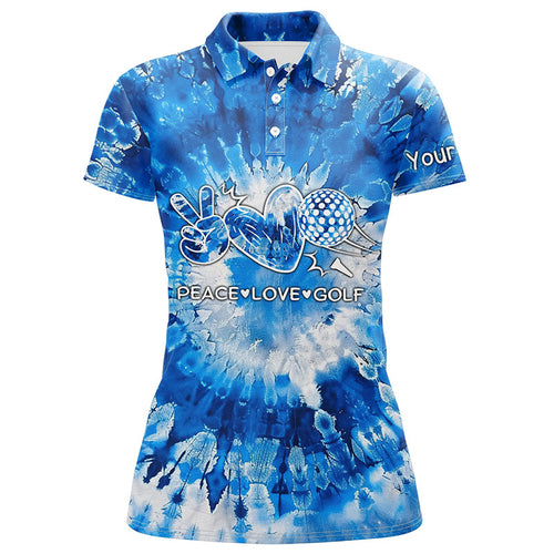 Womens golf polo shirts blue tie dye pattern custom peace love golf, personalized golf shirt for women NQS7837