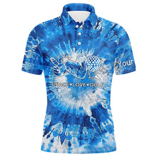 Load image into Gallery viewer, Mens golf polos shirts blue tie dye pattern custom peace love golf, personalized golf shirt for men NQS7837