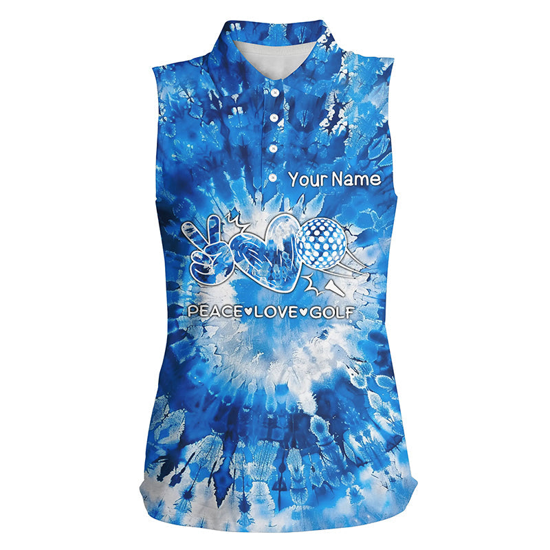 Women sleeveless polo shirt blue tie dye pattern custom peace love golf, personalized golf shirt NQS7837