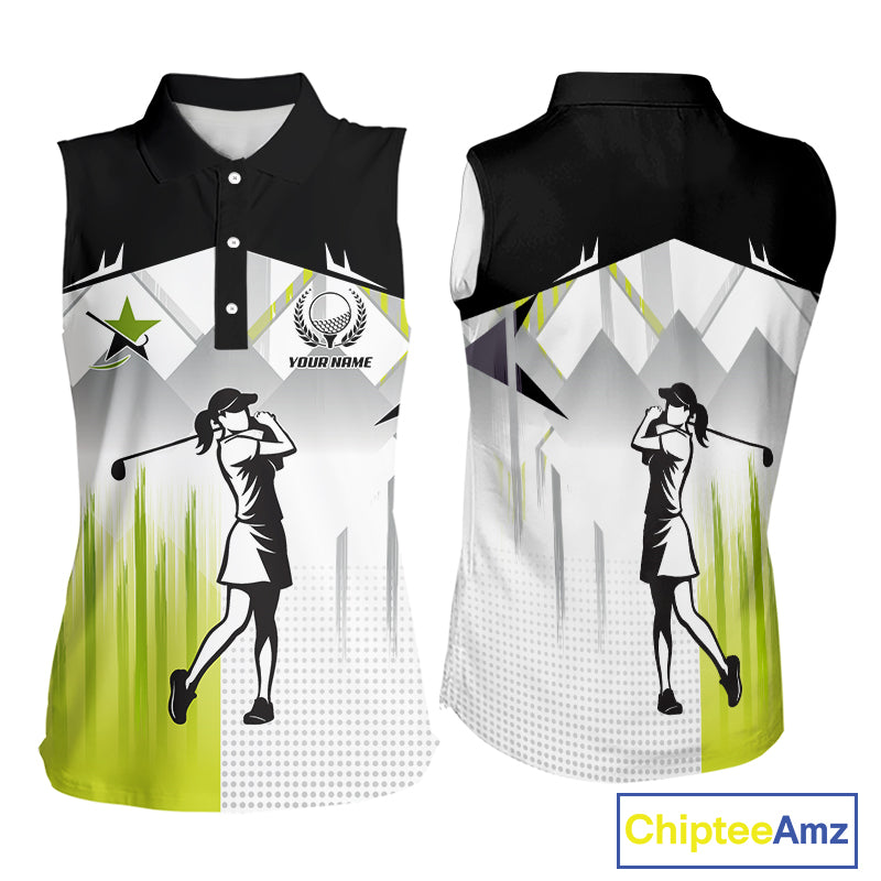 Black and White Women sleeveless polo shirt Custom ladies Golf top, personalized golf gifts | Green NQS10127