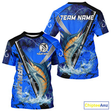 Load image into Gallery viewer, Blue Camo Marlin fishing custom saltwater Marlin sun protection long sleeve fishing shirts for Team NQS10131