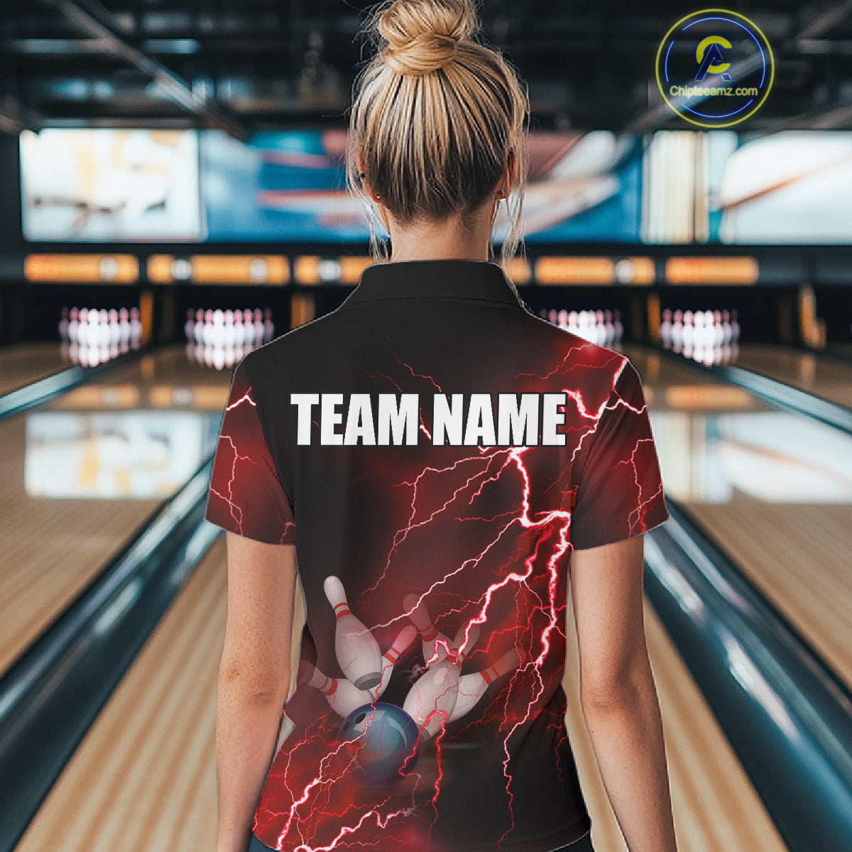 Women bowling polo shirts Custom red lightning thunder Bowling Team Jersey, gift for team Bowlers NQS6145