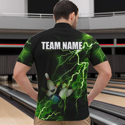 Men's bowling Quarter Zip shirts Custom green lightning thunder Bowling Team Jersey, gift for Bowlers NQS6146
