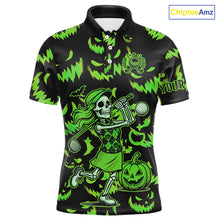 Load image into Gallery viewer, Green and Black Halloween Pattern Funny Skull Golf polo shirt for men Custom Halloween Mens golf top NQS10662