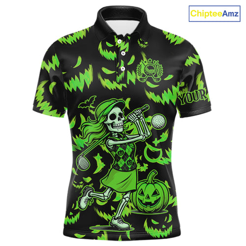 Green and Black Halloween Pattern Funny Skull Golf polo shirt for men Custom Halloween Mens golf top NQS10662