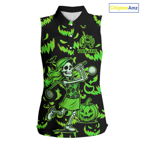 Green and Black Halloween Pattern Funny Skull Golf sleeveless polo shirt Custom Halloween golf top NQS10662