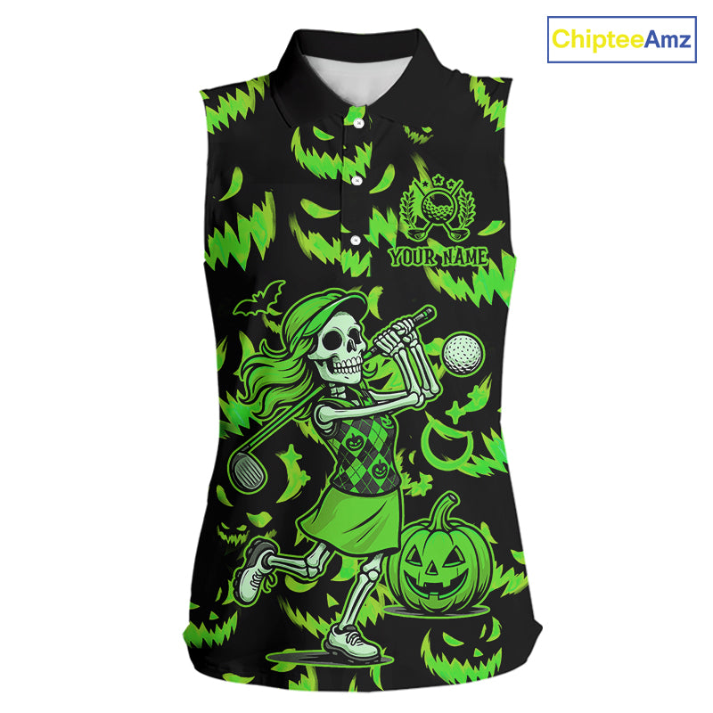 Green and Black Halloween Pattern Funny Skull Golf sleeveless polo shirt Custom Halloween golf top NQS10662