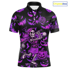 Load image into Gallery viewer, Purple and Black Halloween Pattern Funny Skull Golf polo shirt for men Custom Halloween Mens golf top NQS10663