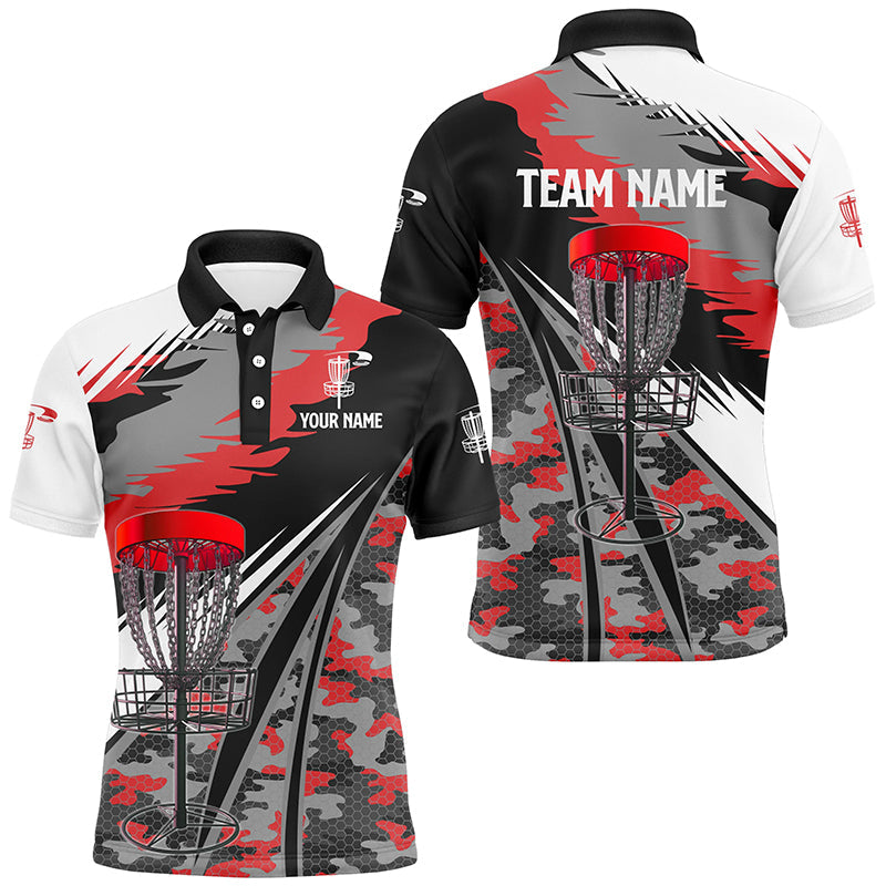 Mens disc golf polo shirts custom red camo disc golf basket disc golf outfit, team disc golf apparel NQS8943