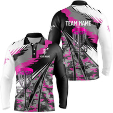 Load image into Gallery viewer, Mens disc golf polo shirts custom pink camo disc golf basket disc golf outfit, team disc golf apparel NQS8944