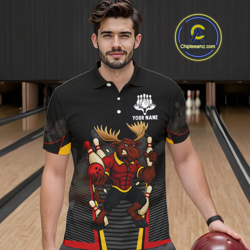 Black and Red Funny Moose Bowling Team Polo, Quarter Zip Shirts For Men Custom bowling jerseys men NQS11064