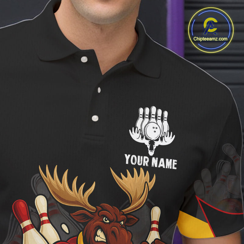 Black and Red Funny Moose Bowling Team Polo, Quarter Zip Shirts For Men Custom bowling jerseys men NQS11064