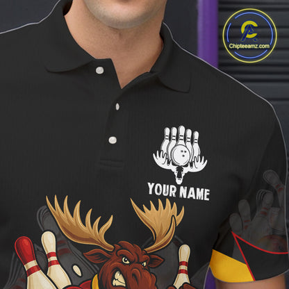 Black and Red Funny Moose Bowling Team Polo, Quarter Zip Shirts For Men Custom bowling jerseys men NQS11064