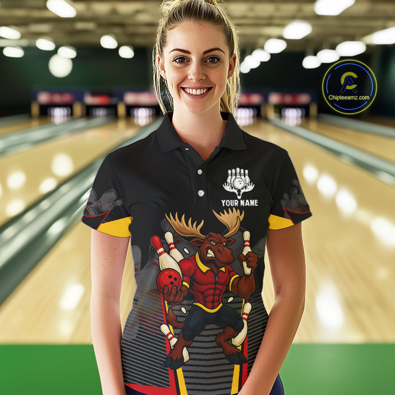 Black and Red Funny Moose Bowling shirts for women Custom polo, quarter zip bowling outfits for women NQS11064