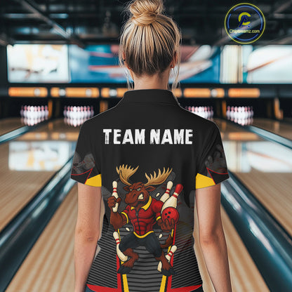 Black and Red Funny Moose Bowling shirts for women Custom polo, quarter zip bowling outfits for women NQS11064