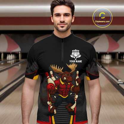Black and Red Funny Moose Bowling Team Polo, Quarter Zip Shirts For Men Custom bowling jerseys men NQS11064