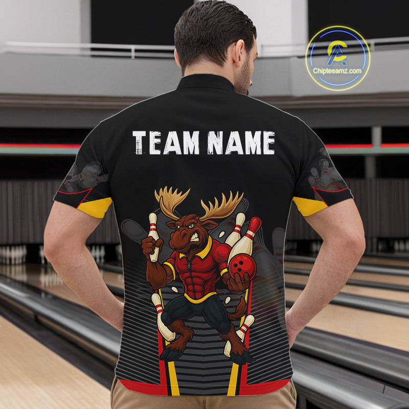 Black and Red Funny Moose Bowling Team Polo, Quarter Zip Shirts For Men Custom bowling jerseys men NQS11064