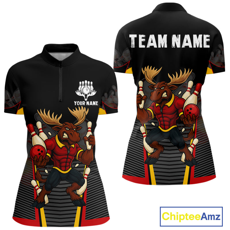 Black and Red Funny Moose Bowling shirts for women Custom polo, quarter zip bowling outfits for women NQS11064