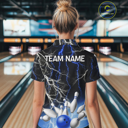 Women's bowling Polo, Quarter Zip shirts Custom Blue lightning thunder team bowling league jerseys NQS11261