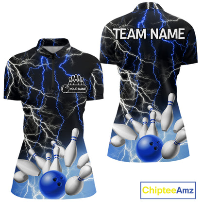 Women's bowling Polo, Quarter Zip shirts Custom Blue lightning thunder team bowling league jerseys NQS11261