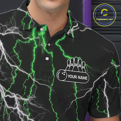 Men's bowling Polo, Quarter Zip shirts Custom Green lightning thunder team bowling league jerseys NQS11262
