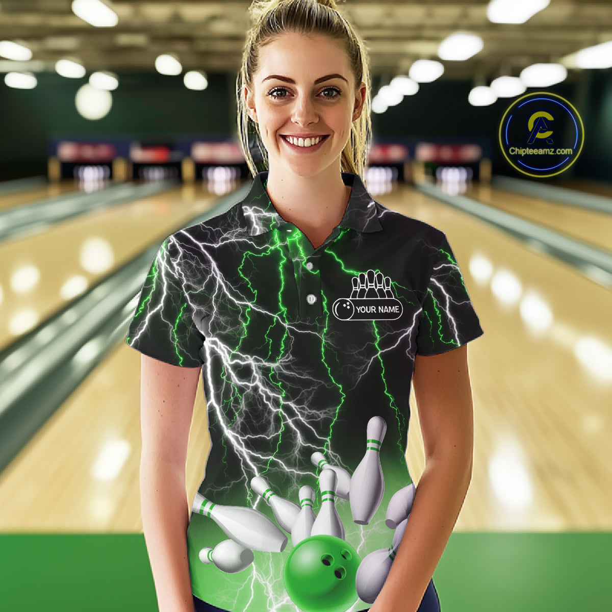 Women's bowling Polo, Quarter Zip shirts Custom Green lightning thunder team bowling league jerseys NQS11262