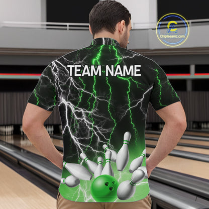 Men's bowling Polo, Quarter Zip shirts Custom Green lightning thunder team bowling league jerseys NQS11262