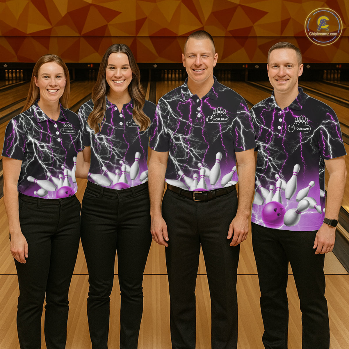 Men's bowling Polo, Quarter Zip shirts Custom Purple lightning thunder team bowling league jerseys NQS11263