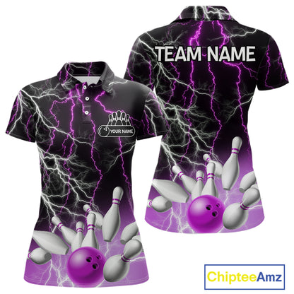 Women's bowling Polo, Quarter Zip shirts Custom Purple lightning thunder team bowling league jerseys NQS11263