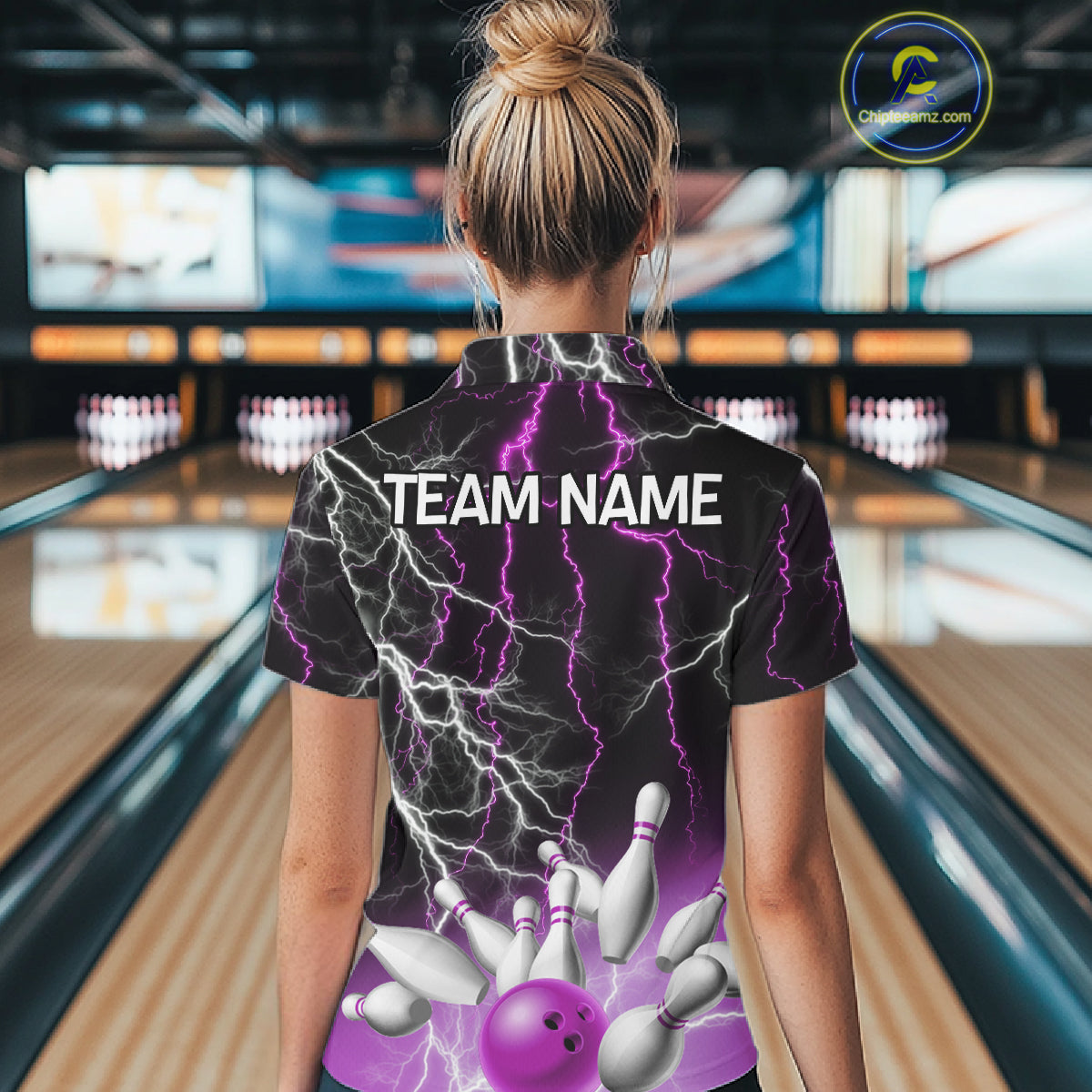 Women's bowling Polo, Quarter Zip shirts Custom Purple lightning thunder team bowling league jerseys NQS11263