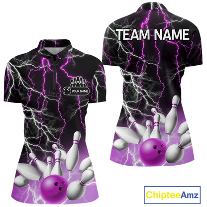 Women's bowling Polo, Quarter Zip shirts Custom Purple lightning thunder team bowling league jerseys NQS11263
