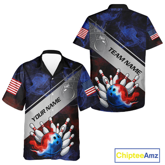 Red, White & Blue Smoke American Flag Bowling Hawaiian Shirt Custom patriotic Team bowling jersey NQS11269